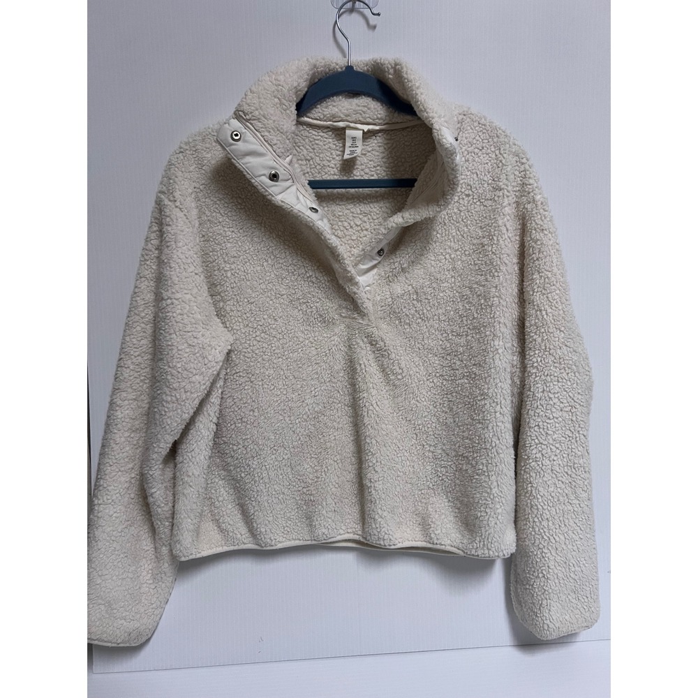 HM Divided Cream Teddy Fleece Snap Button Funnel Neck Pullover Sweater Small